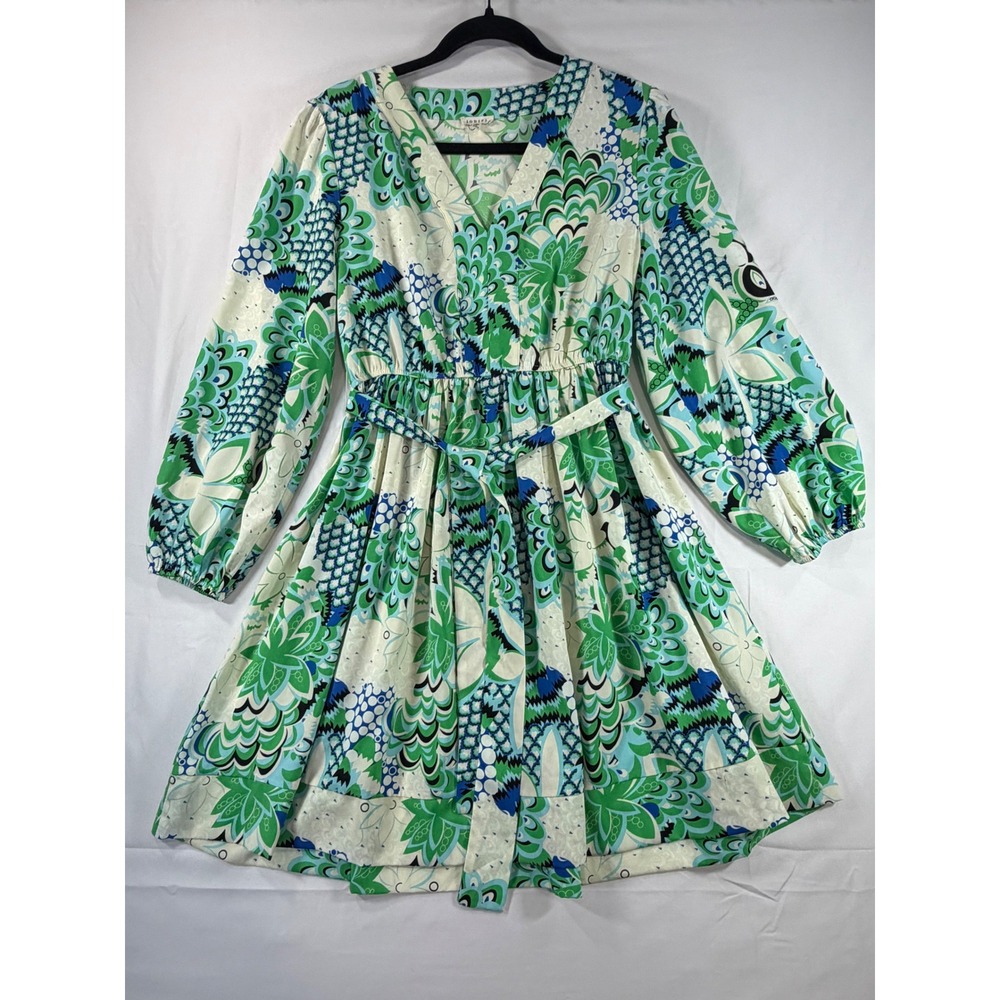 Jodifl Green Blue Psychedelic Peacock Print V-Neck Long Sleeve Mini Dress S